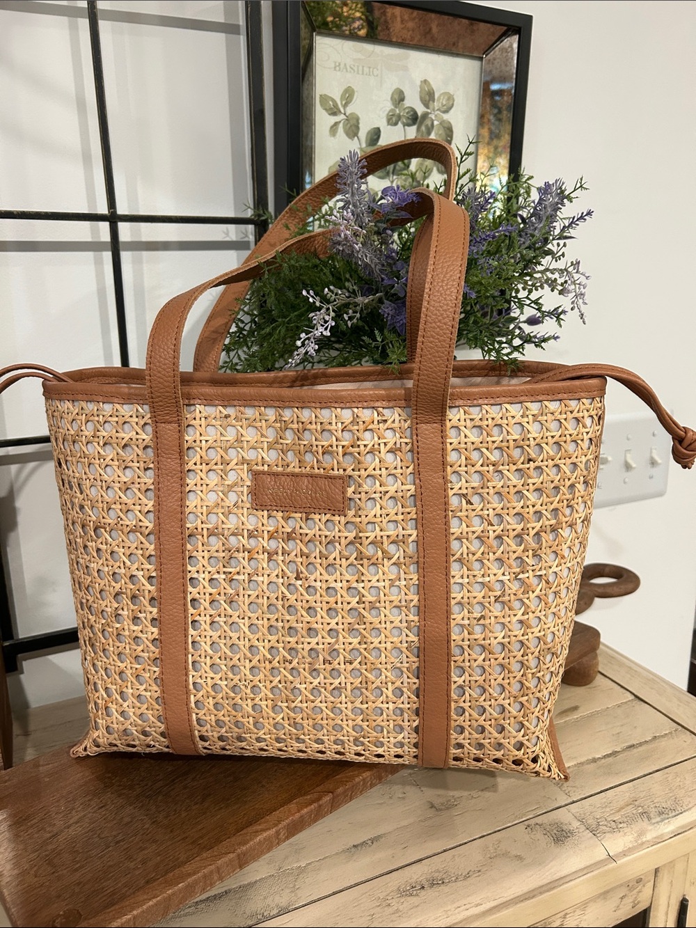 Woven Rattan Tote with Brown Trim - Picture 6 of 7
